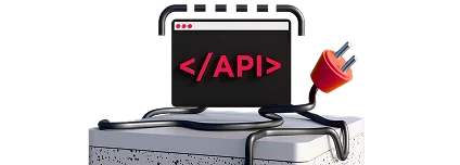 3D illustration: a browser window with an API tag and a plug with cables, system integrations