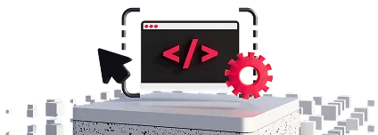3D illustration: a browser window with a code tag, a cursor and a gear, user-friendly interfaces