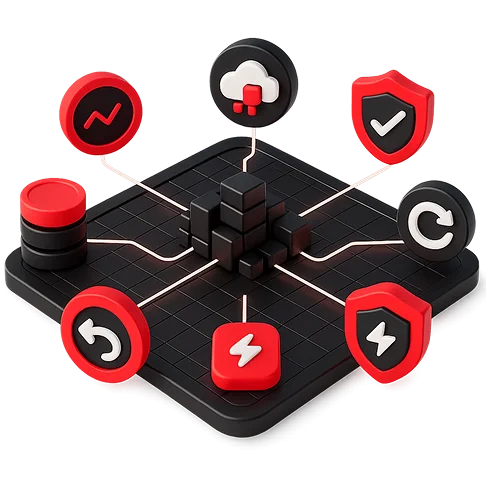 3D illustration: a black platform with a cube in the centre connected to icons of charts, cloud, shield and lightning, IT infrastructure capabilities