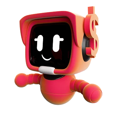 3D illustration: a red robot with a smiling face and a dollar sign, Telegram bot available 24/7