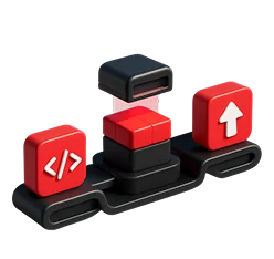 3D illustration: code, build and deploy blocks on a conveyor, end-to-end CI/CD