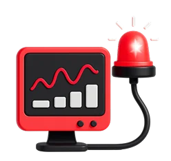 3D illustration: a monitor with a chart and a red alarm light, automation and monitoring