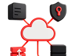 3D illustration: a cloud connected to servers, a shield and a terminal, Yandex Cloud configuration