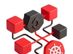 3D illustration: red and black cubes connected to a hexagon with the Kubernetes wheel, Kubernetes deployment and management