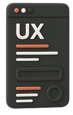 3D illustration: a dark smartphone screen labelled UX, user experience
