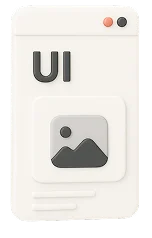 3D illustration: a light smartphone screen labelled UI with an image placeholder, user interface