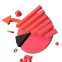 3D icon: a red pie chart with arrows, 24/7 support