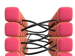 3D illustration: two groups of red blocks connected by black cables, account and custody