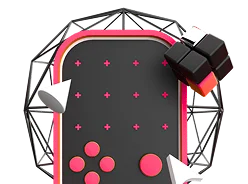 3D illustration: a red device with a dark dotted screen inside a wireframe, decentralised and hybrid exchanges