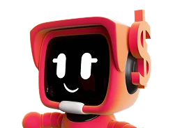 3D illustration: a red robot with a smiling face and a dollar sign, product interfaces