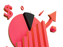 3D illustration: a red pie chart with a dollar sign and an arrow, integrations and analytics