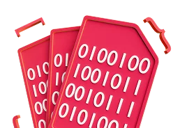 3D illustration: red tags with binary code, operations and administration