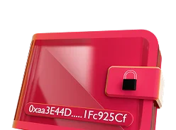 3D illustration: a red crypto wallet with a padlock and a wallet address, crypto wallets
