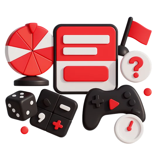 3D illustration: a smartphone, a game controller, dice and a question mark, higher engagement with mini-games