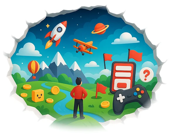 Illustration: a person looking through a torn paper hole at a game world with a rocket, a plane and coins, mini-game development areas