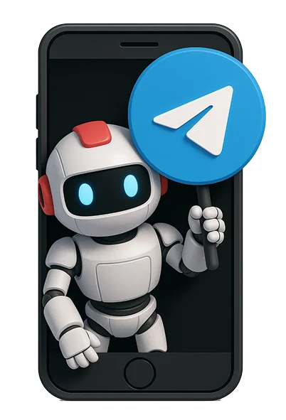 3D illustration: a white robot inside a smartphone with the Telegram logo, information bots