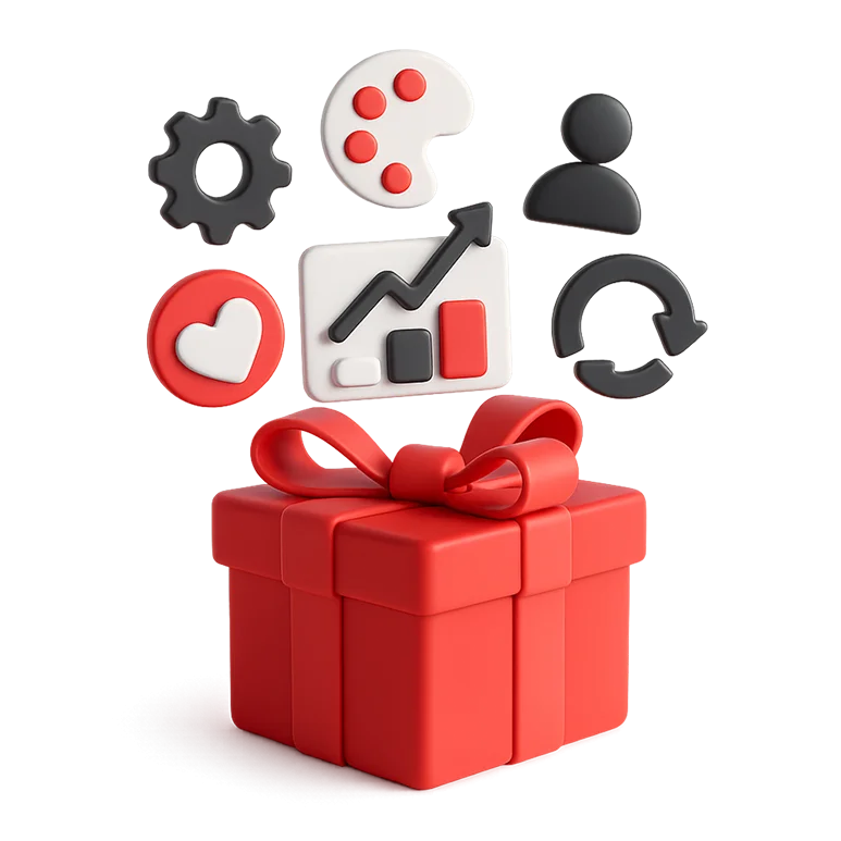 3D illustration: a red gift box with gears, charts and user icons, business growth with gamification