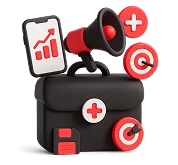 3D icon: a briefcase with a megaphone, a target and a chart, exhibitions and conferences