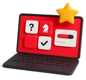 3D icon: a laptop with quiz cards and a star, banking and fintech gamification