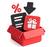 3D icon: a gift box with a discount tag and a download arrow, retail promotions