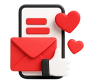 3D icon: a smartphone with an envelope and hearts, email and social media