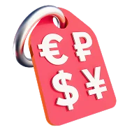 3D icon: a price tag with euro, rouble, dollar and yen signs, pricing