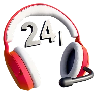 3D icon: red headphones with a 24-hour sign, round-the-clock support