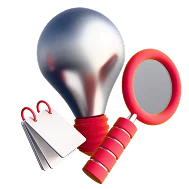 3D icon: a light bulb with a magnifying glass and a notepad, consulting on improvements