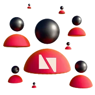 3D icon: user avatars around a Nomium logo, an experienced team