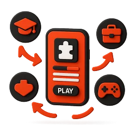 3D illustration: a smartphone with a play button connected by arrows to a graduation cap, a briefcase and a controller, game scenarios