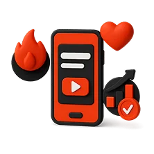3D illustration: a smartphone with a flame, a heart and a checkmark, engagement and loyalty