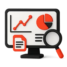 3D illustration: a monitor with charts and a magnifying glass, analytics and branding