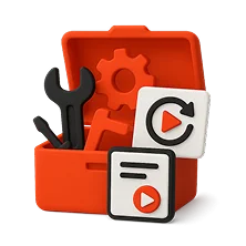 3D illustration: a toolbox with a wrench, gears and a video card, CRM integration