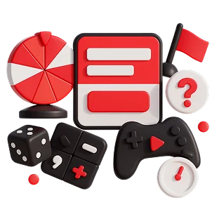 3D illustration: a smartphone, a game controller, dice and a question mark, mini-game development