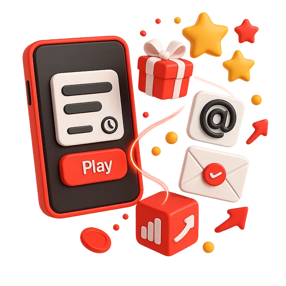 3D illustration: a smartphone with a play button surrounded by a gift, a star and an envelope, mini-game and AR marketing