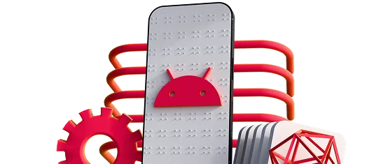 3D illustration: a smartphone with the Android robot, gears and a wireframe shape, Android development
