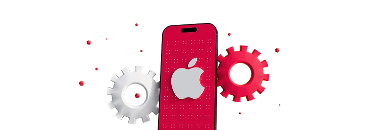 3D illustration: a red smartphone with the Apple logo between gears, iOS development