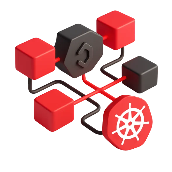 3D illustration: red and black cubes connected to a hexagon with the Kubernetes wheel, Kubernetes deployment and automation