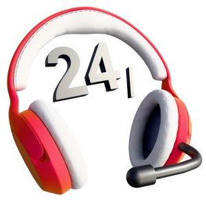 3D icon: red headphones with a 24-hour sign, 24/7 support