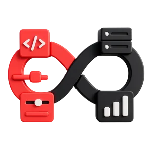3D illustration: a red and black infinity loop with code and chart icons, DevOps culture consulting
