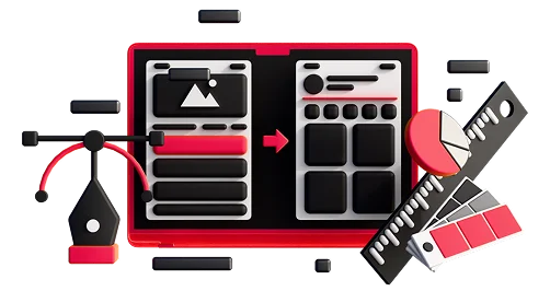 3D illustration: a screen with a redesigned layout, a pen tool and a ruler, product redesign