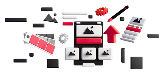 3D illustration: mobile screens, colour swatches and a pencil, UI/UX design from scratch