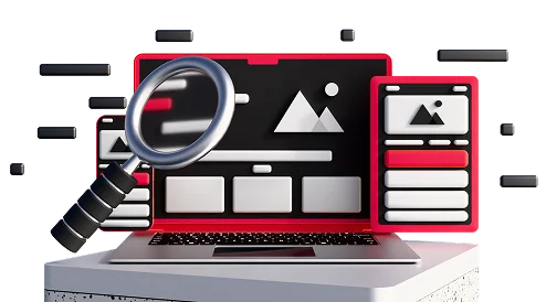 3D illustration: a laptop with a website layout and a magnifying glass, interface audit
