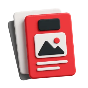 3D illustration: a stack of documents with an image placeholder, transparent implementation model