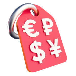 3D illustration: a price tag with euro, rouble, dollar and yen signs, compliance requirements