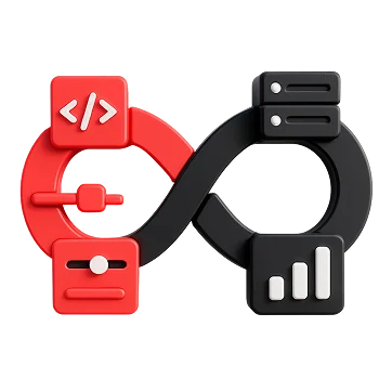 3D illustration: a red and black infinity loop with code and chart icons, instant releases