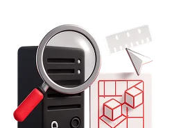 3D illustration: a magnifying glass over a server with a ruler and cubes, infrastructure audit