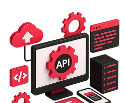 3D illustration: a computer with an API gear, a cloud, code and servers, API and service integration