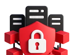3D illustration: a red shield with a padlock in front of servers, security hardening