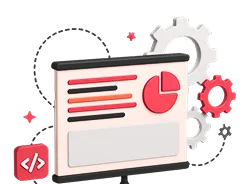 3D illustration: a dashboard with charts, code and gears, testing and optimisation